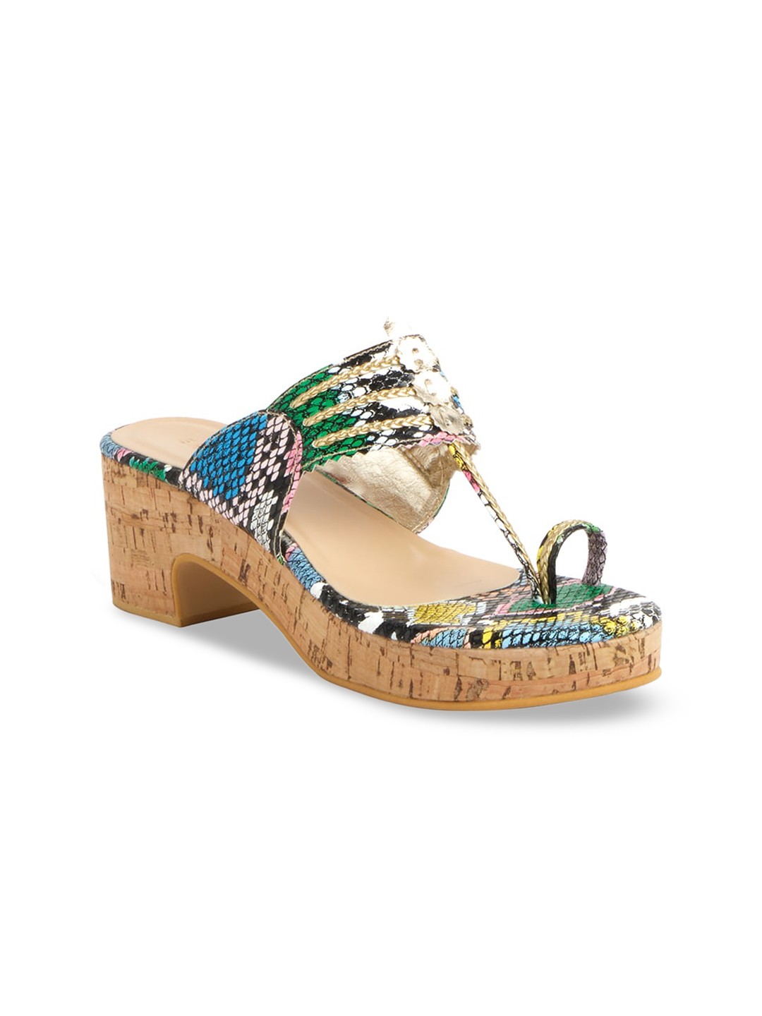 

ERIDANI Green Embellished Block Open Toe Sandals