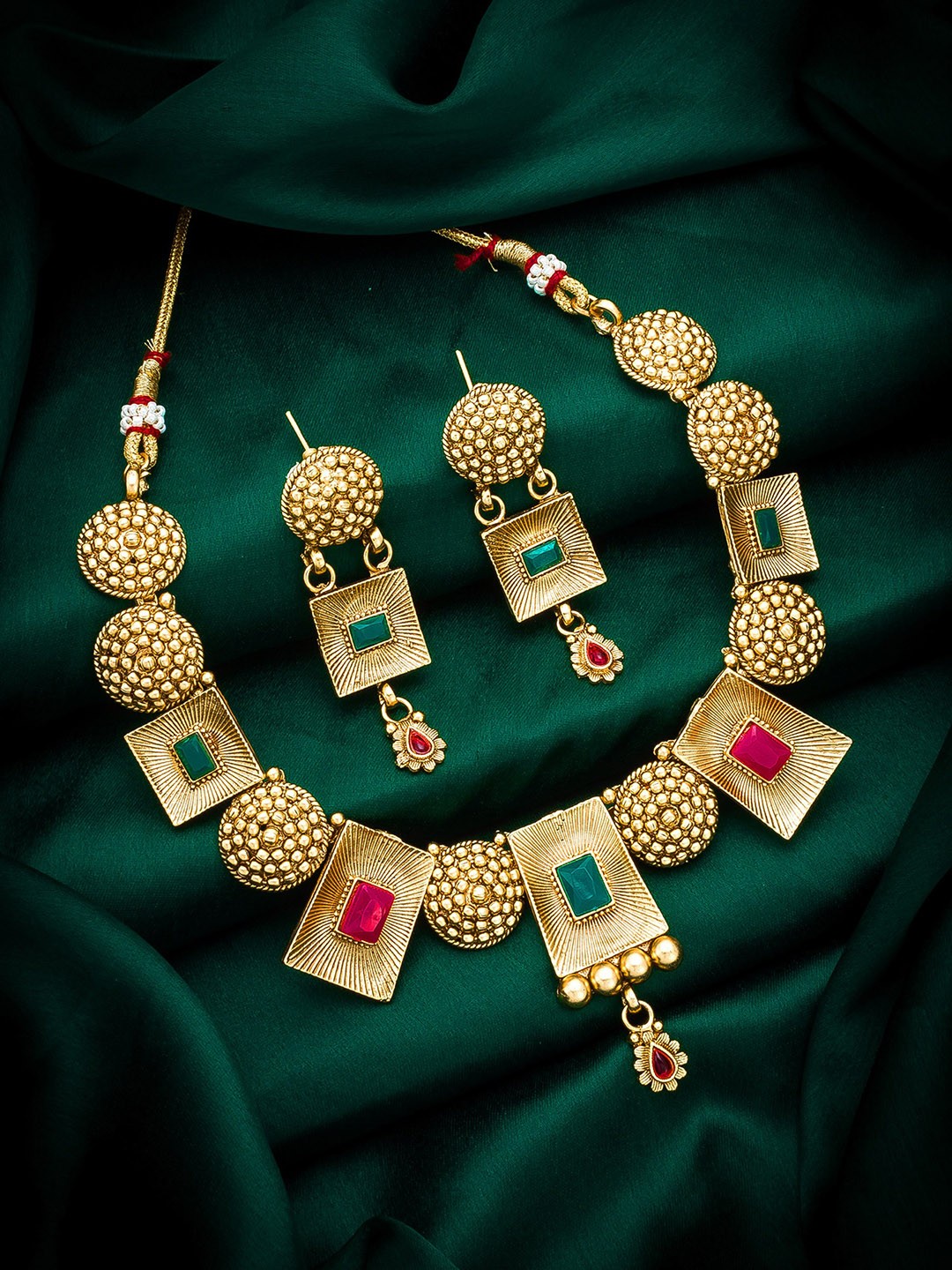 

aadita Gold-Plated Red & Green Ruby-Studded & Beaded Temple Jewellery Set
