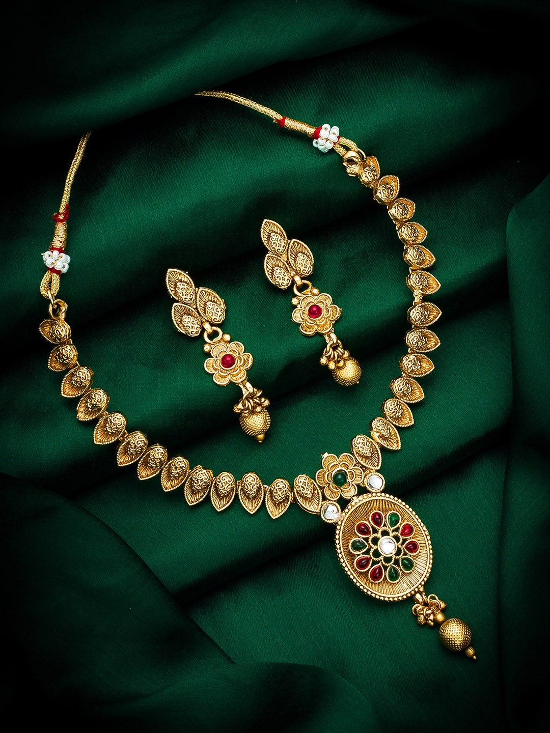 

aadita Gold-Plated Pink & Green Ruby-Studded & Beaded Jewellery Set