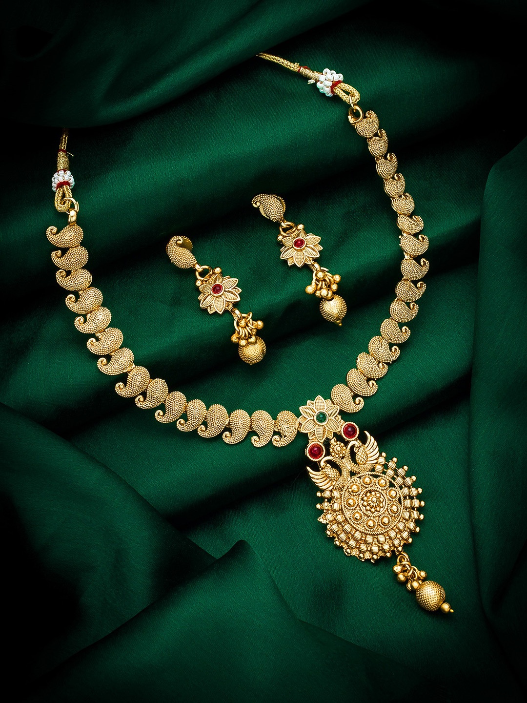 

aadita Gold-Plated Pink & Green Ruby-Studded & Beaded Temple Jewellery Set