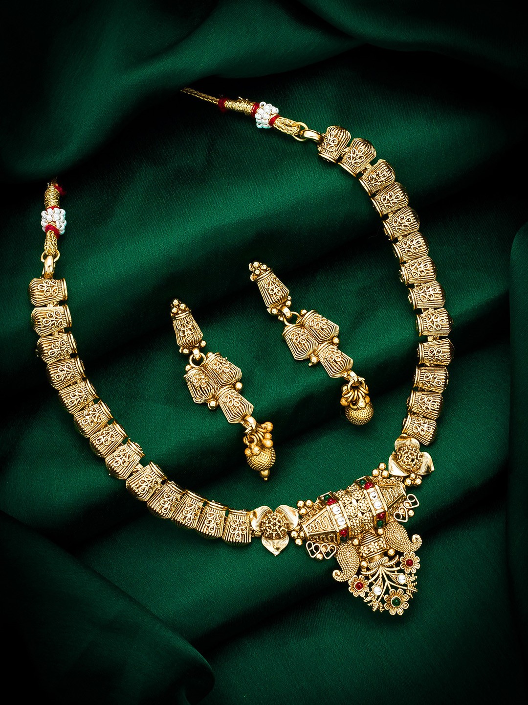 

aadita Gold-Plated Pink & Green Ruby-Studded & Beaded Jewellery Set