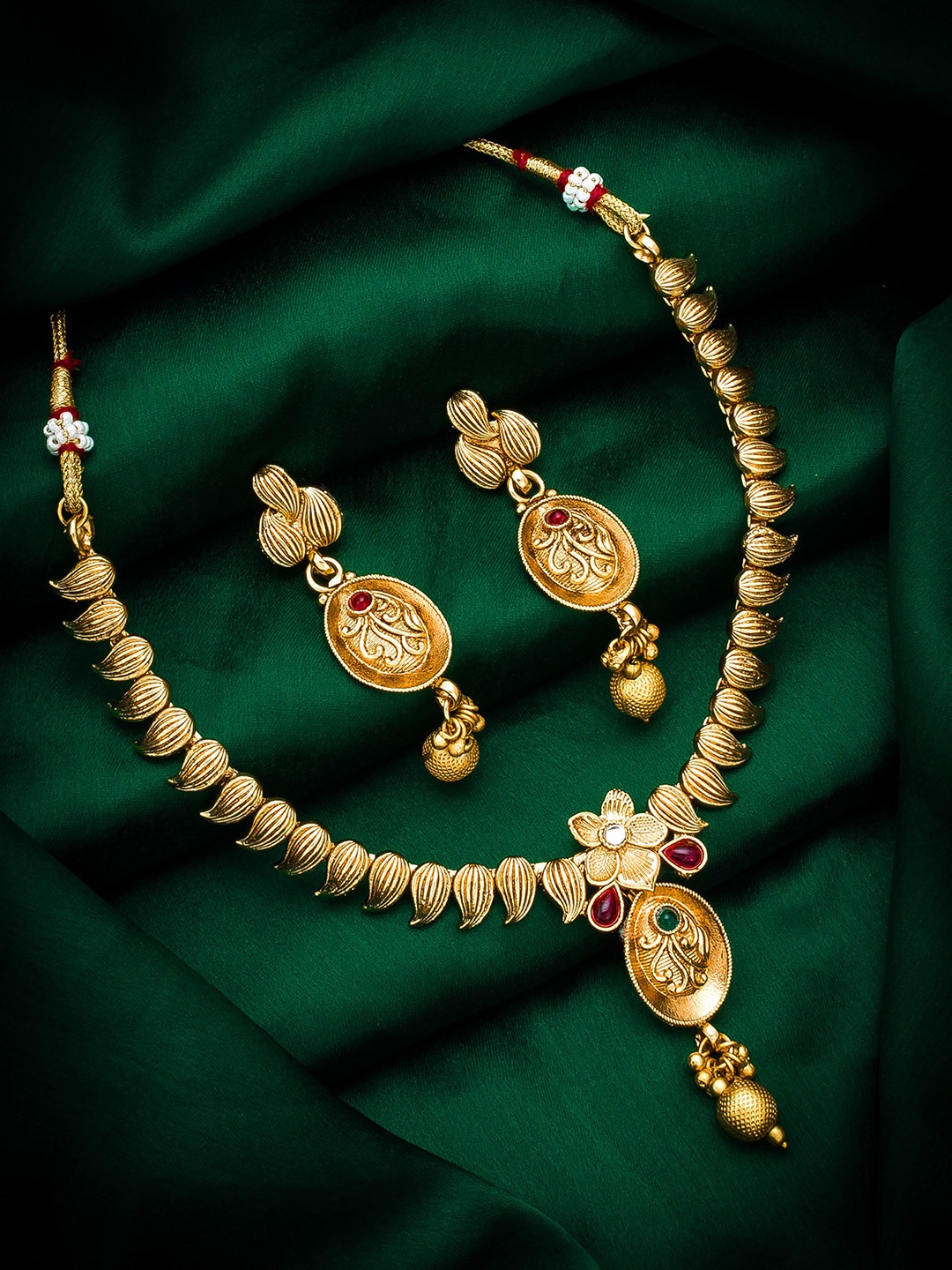 

aadita Gold-Plated Pink & Green Ruby-Studded & Beaded Temple Jewellery Set