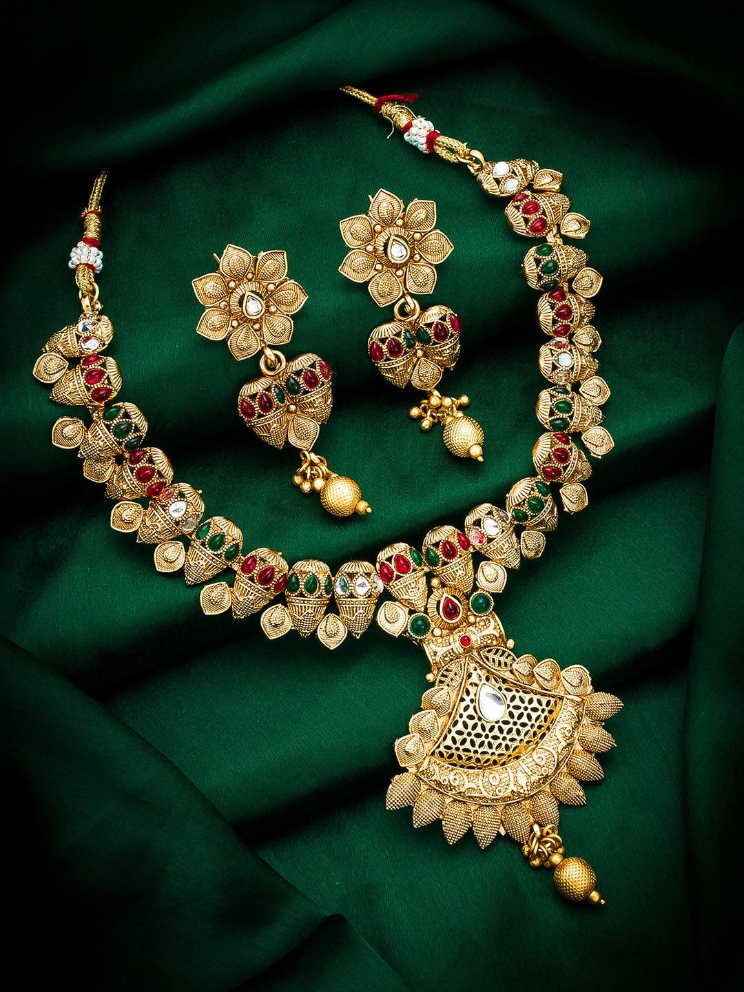 

aadita Gold-Plated Pink & Green Ruby-Studded & Beaded Temple Jewellery Set