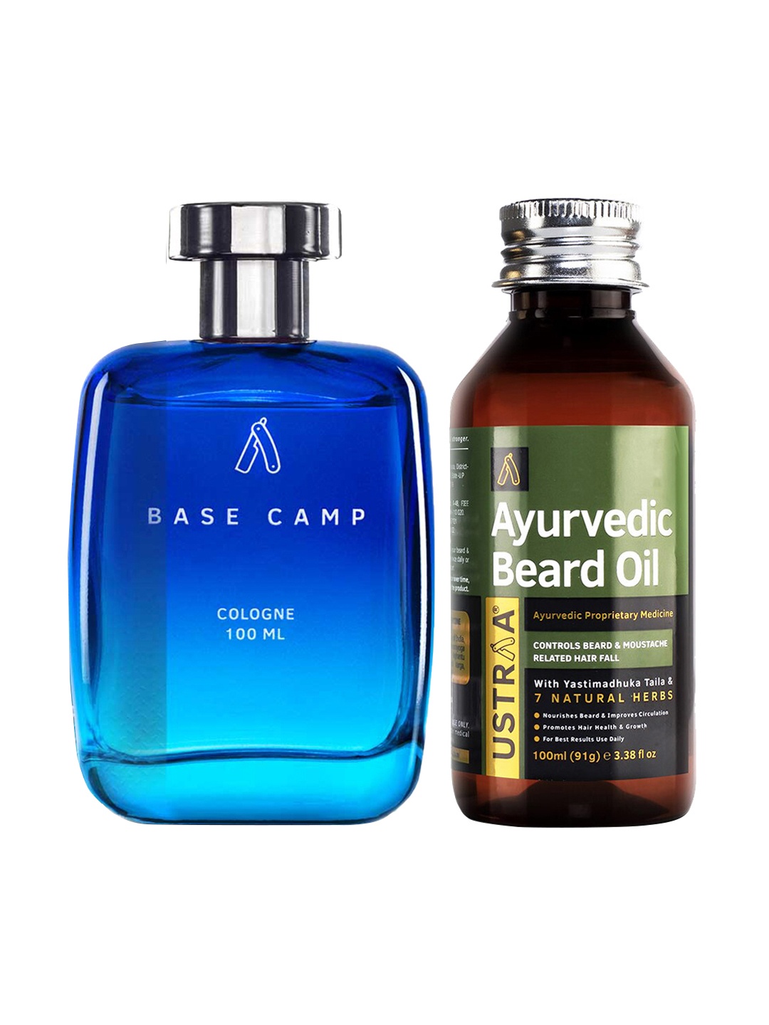 

Ustraa Men Combo Of Base Camp Cologne & Ayurvedic Beard Oil - 100 ml Each, Blue