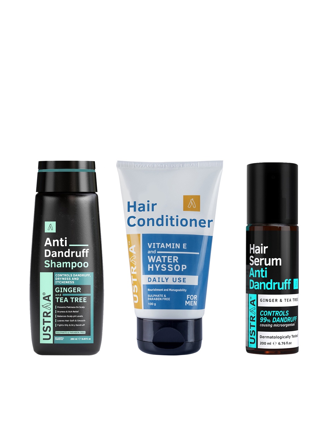 

Ustraa Anti Dandruff Shampoo 250 ml + Conditioner 100 g + Anti Dandruff Hair Serum 200 ml, Black