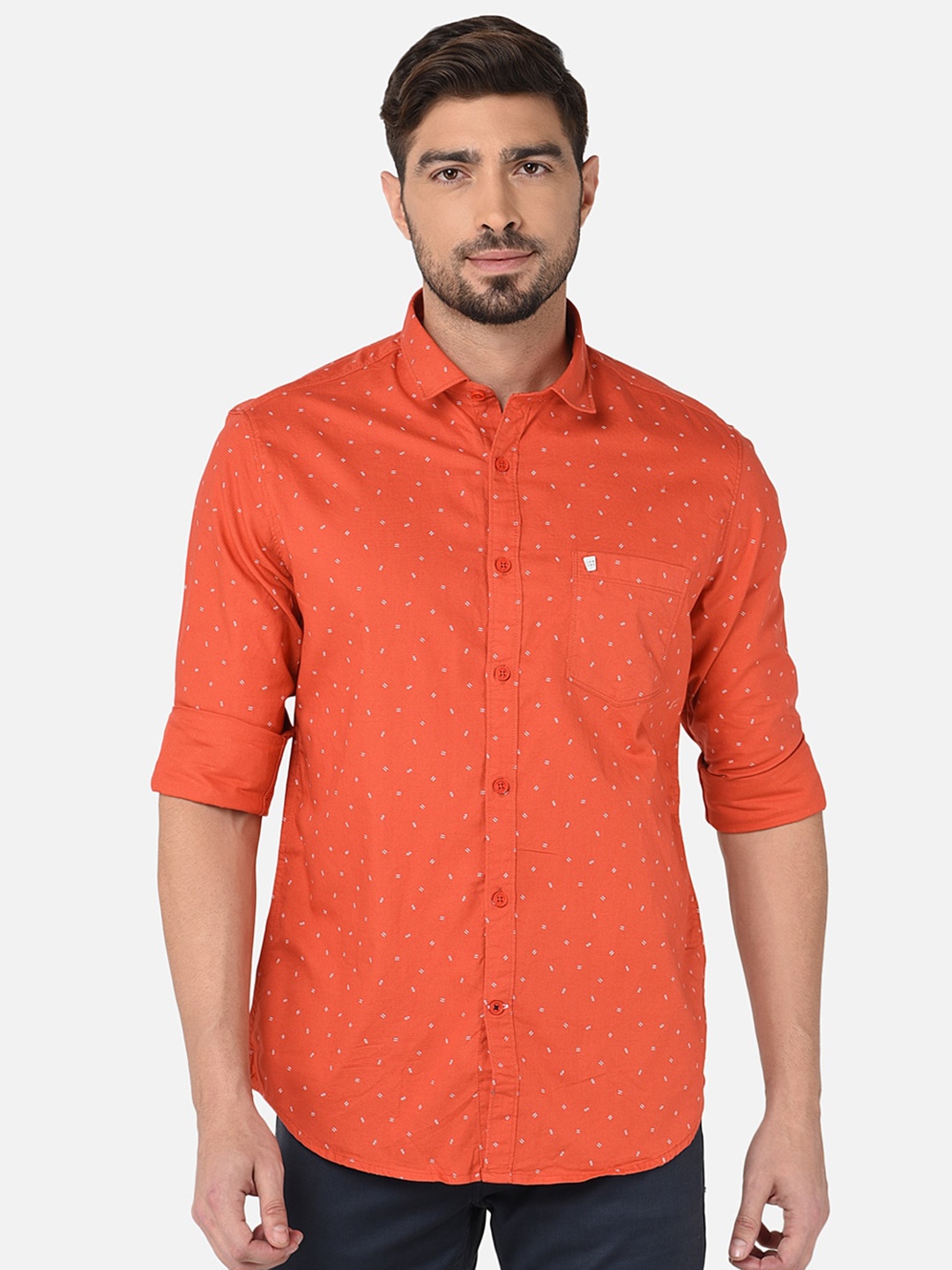 

Oxemberg Men Coral & White Classic Slim Fit Printed Cotton Casual Shirt