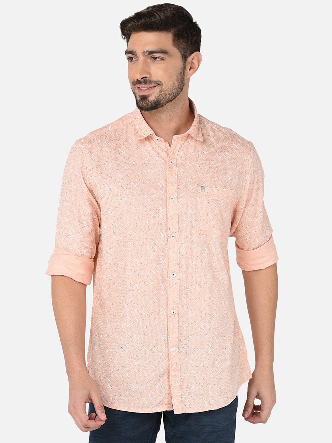 

Oxemberg Men Peach-Coloured Classic Slim Fit Printed Casual Shirt