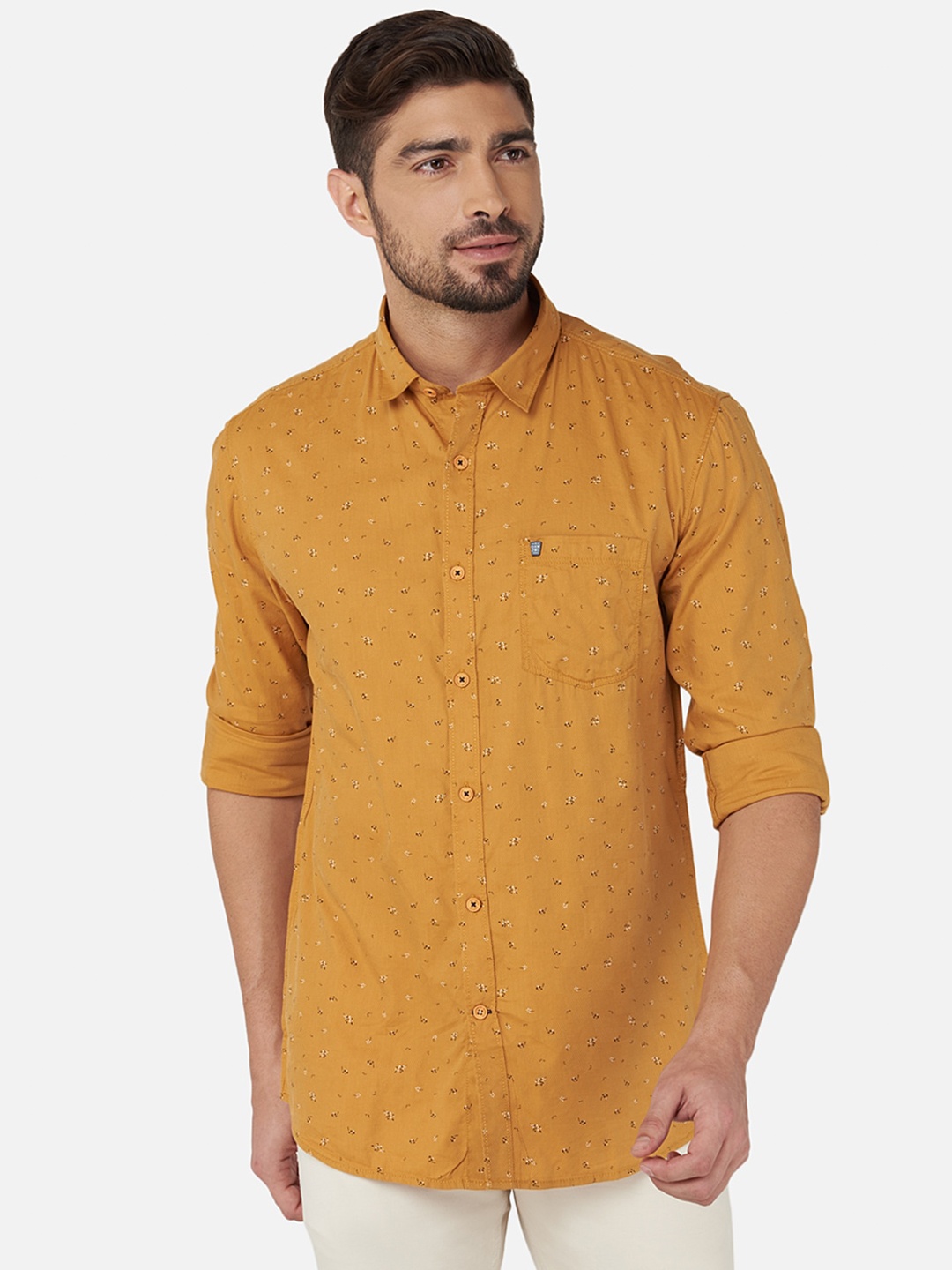

Oxemberg Men Mustard Yellow Classic Slim Fit Printed Casual Shirt