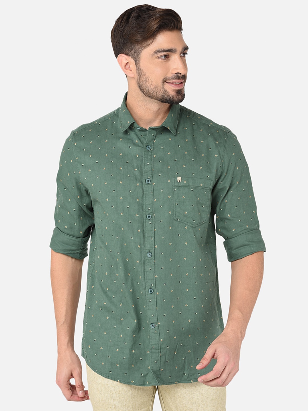 

Oxemberg Men Olive Green Classic Slim Fit Printed Casual Shirt