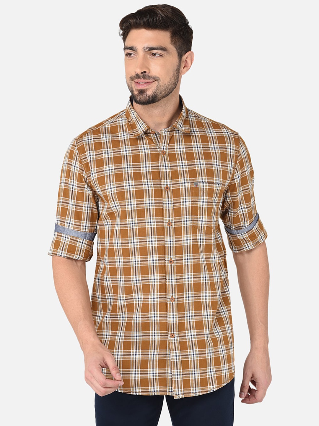 

Oxemberg Men Mustard Yellow & White Classic Slim Fit Checked Cotton Casual Shirt