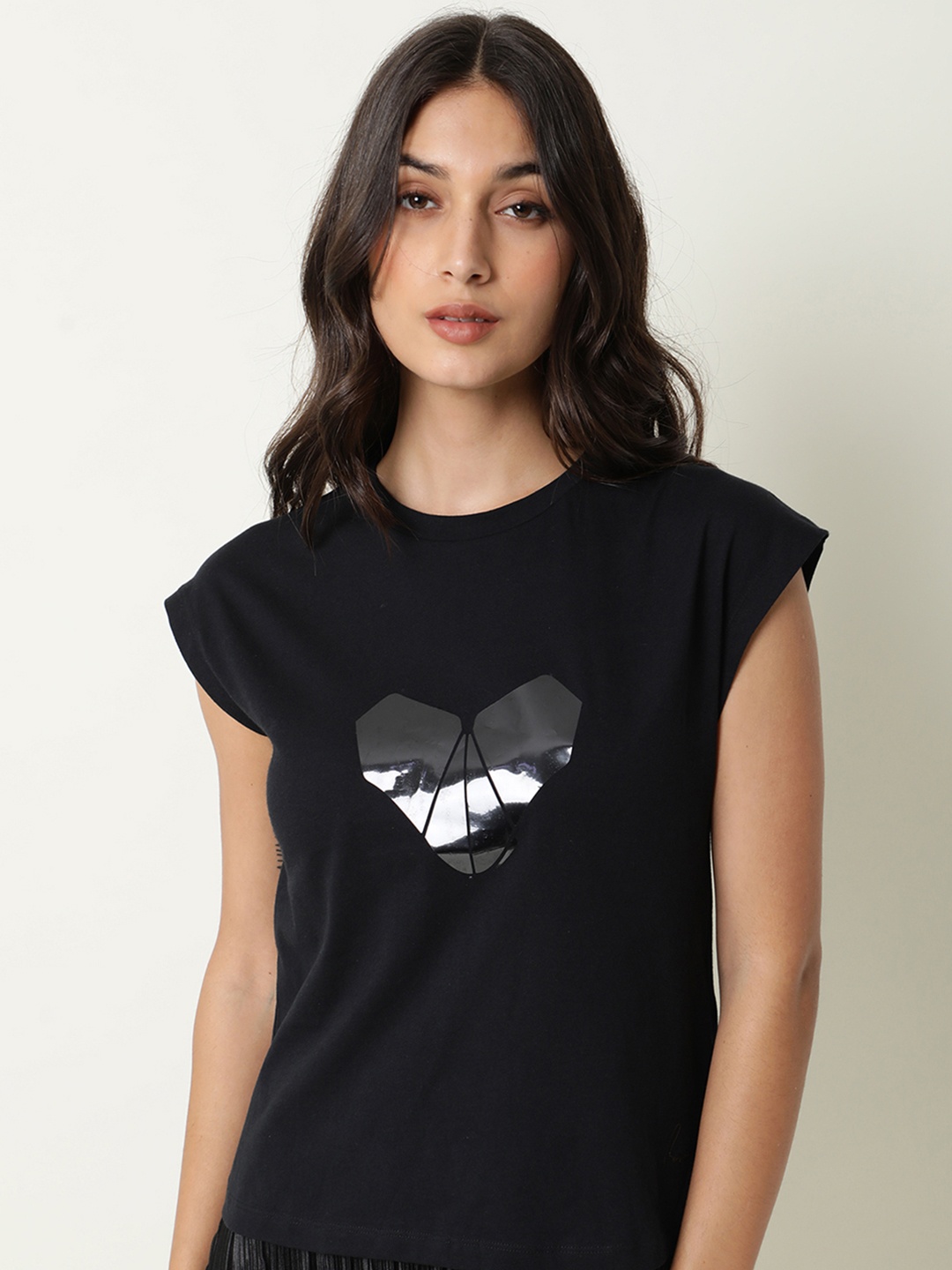 

RAREISM Women Black Pure Cotton Slim Fit T-shirt