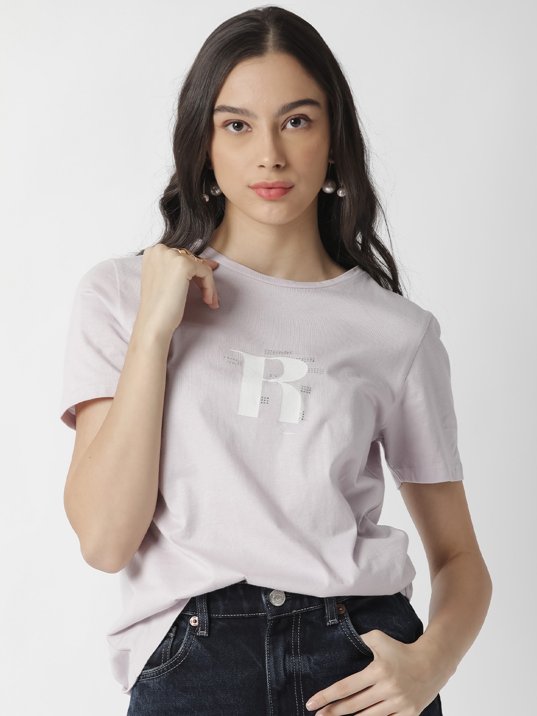 

RAREISM Women Lavender Typography Printed Pure Cotton Slim Fit T-shirt