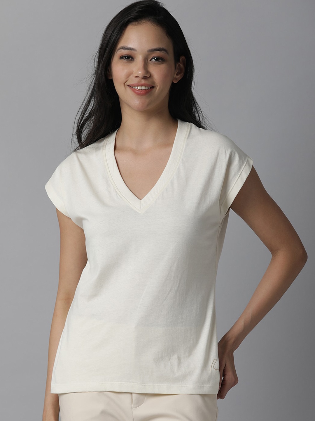 

RAREISM Women Off White V-Neck Extended Sleeves Pure Cotton Slim Fit T-shirt