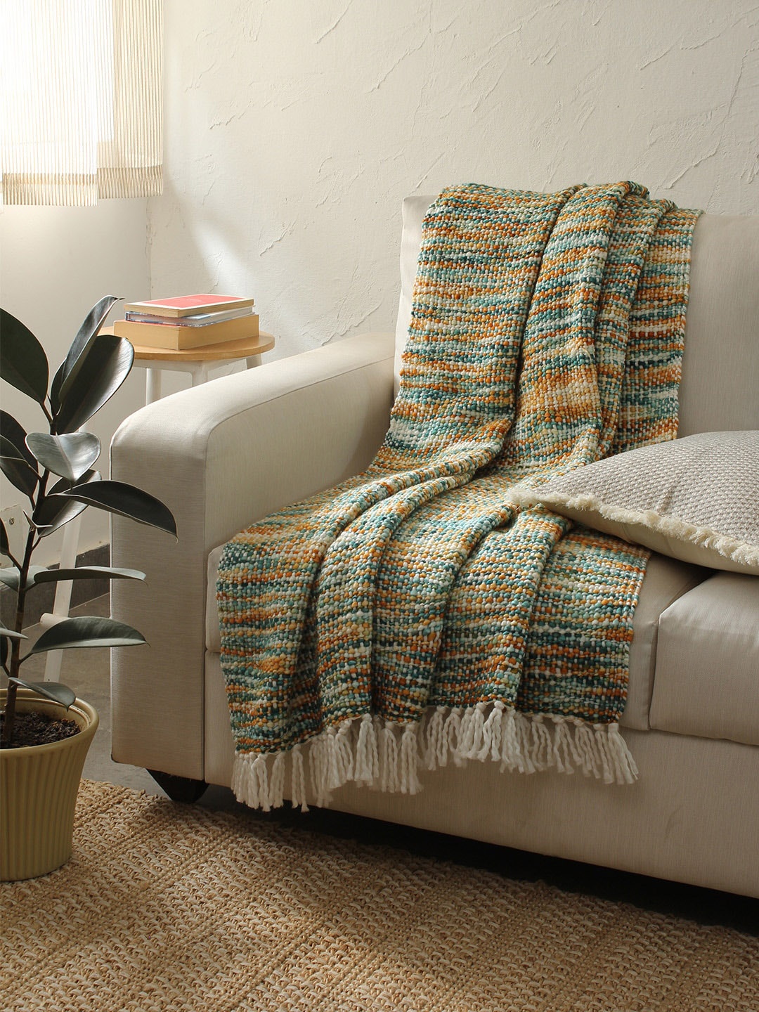 

House This Teal Blue & Mustard Yellow Self-Design Sofa Throw