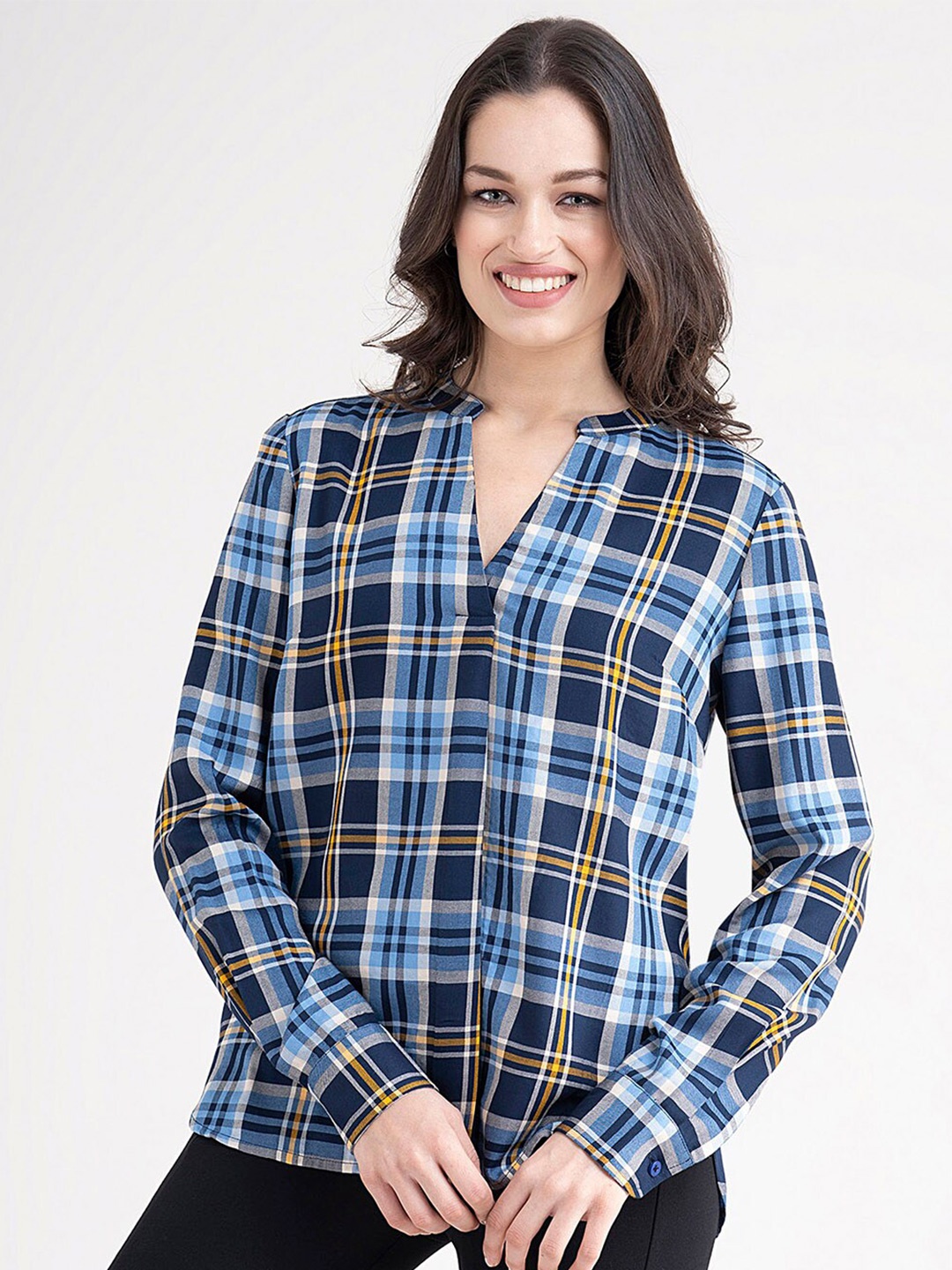 

FableStreet Navy Blue & White Checked Mandarin Collar Shirt Style Top