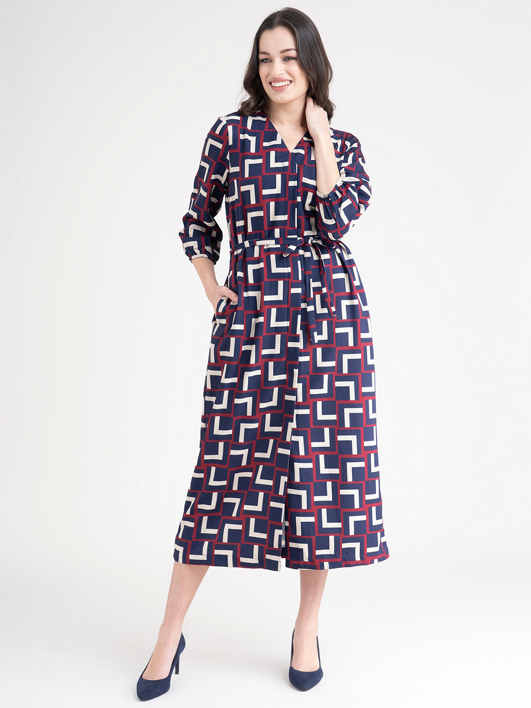 

FableStreet Navy Blue Geometric Printed Shirt Midi Dress