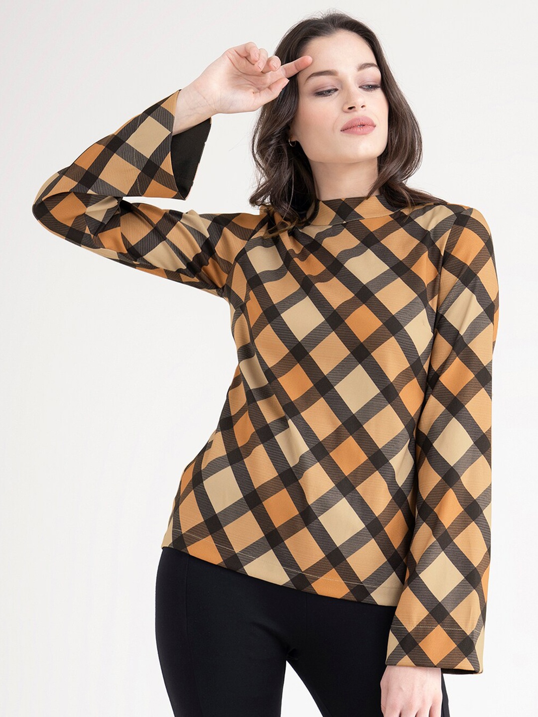 

FableStreet Women Beige & Mustard Yellow Checked Top
