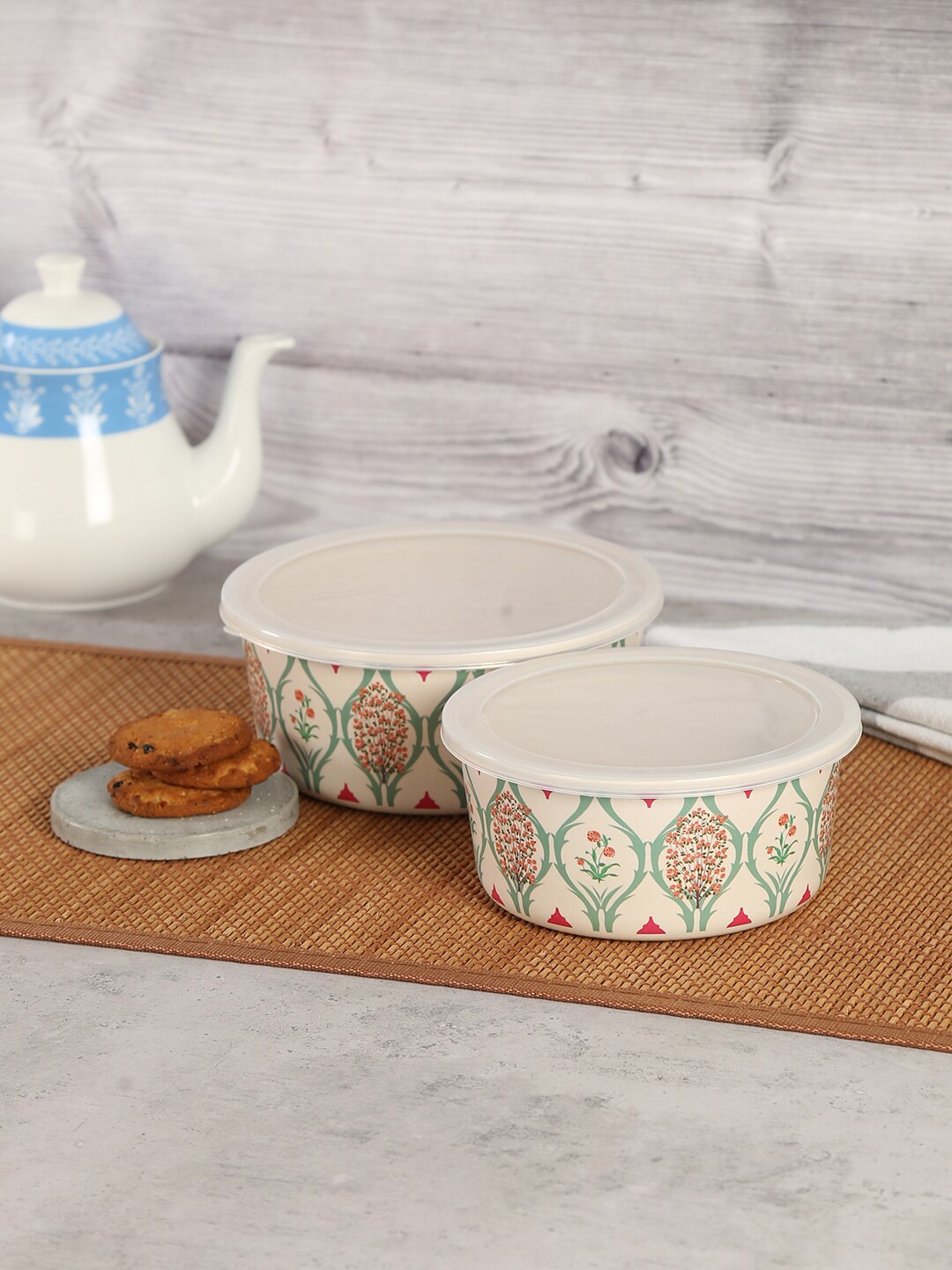 

India Circus by Krsnaa Mehta Set Of 4 Beige & White Bamboo Storage Containers