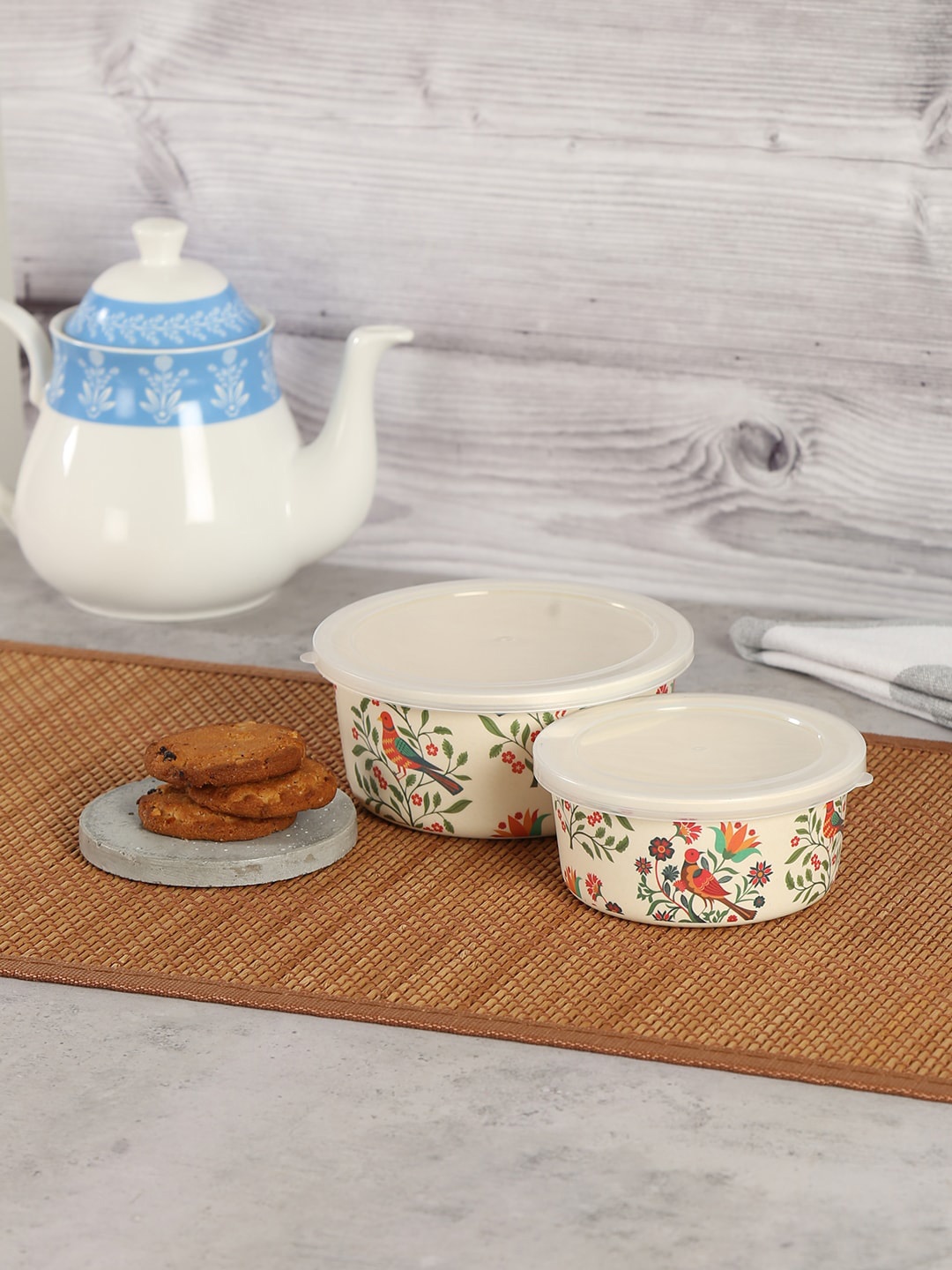 

India Circus by Krsnaa Mehta Set Of 2 Beige Printed Dishwasher Safe Bamboo Food Containers