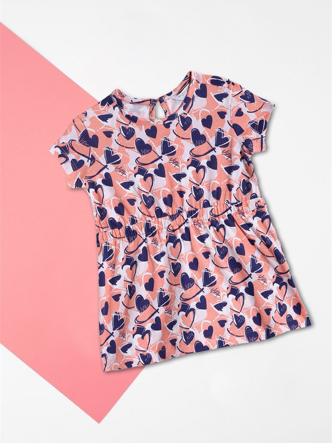 

U.S. Polo Assn. Kids Peach-Coloured & Navy Blue Printed Pure Cotton Fit & Flare Dress