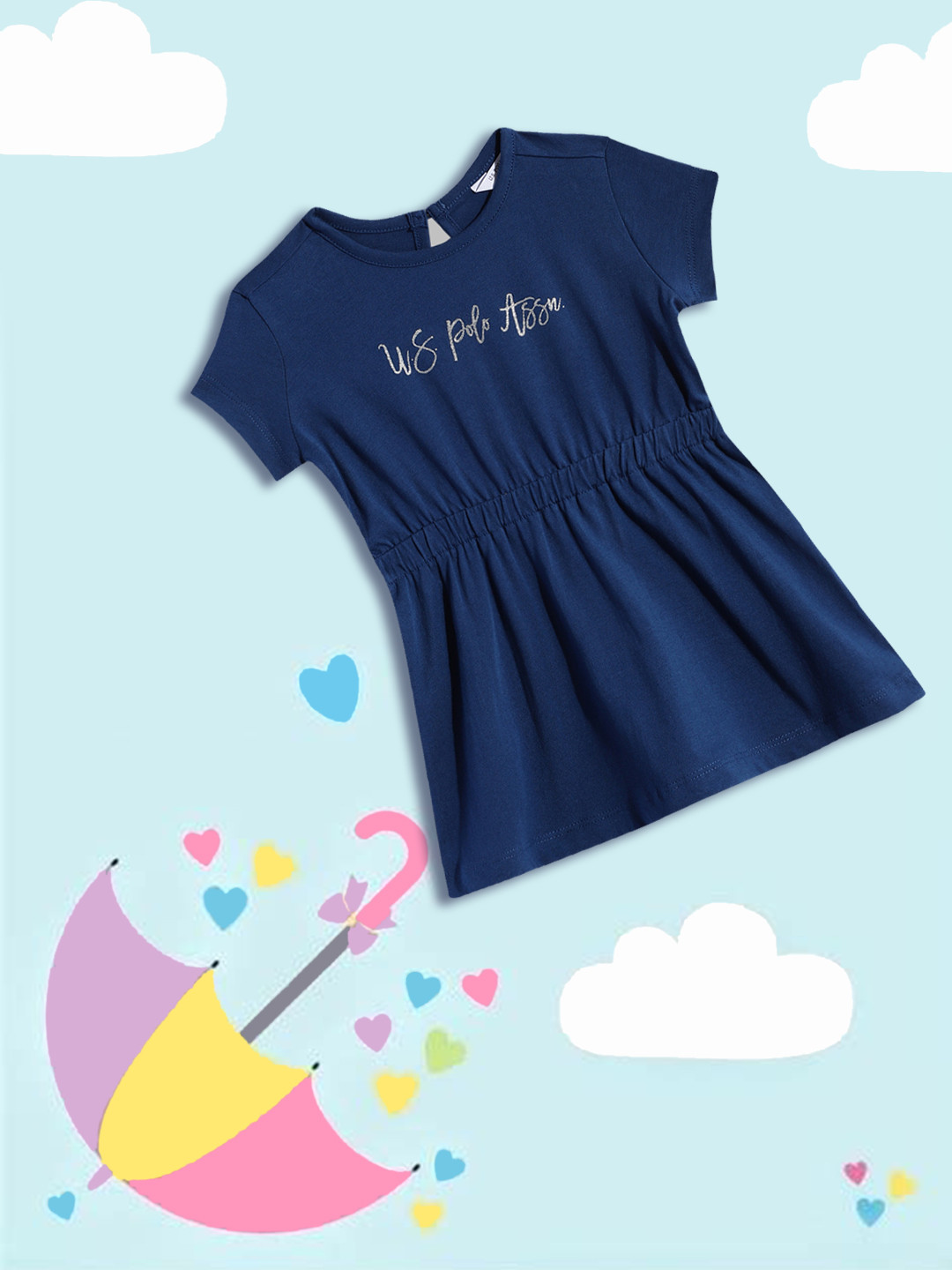 

U.S. Polo Assn. Kids Girls Navy Blue Printed Pure Cotton A-Line Dress