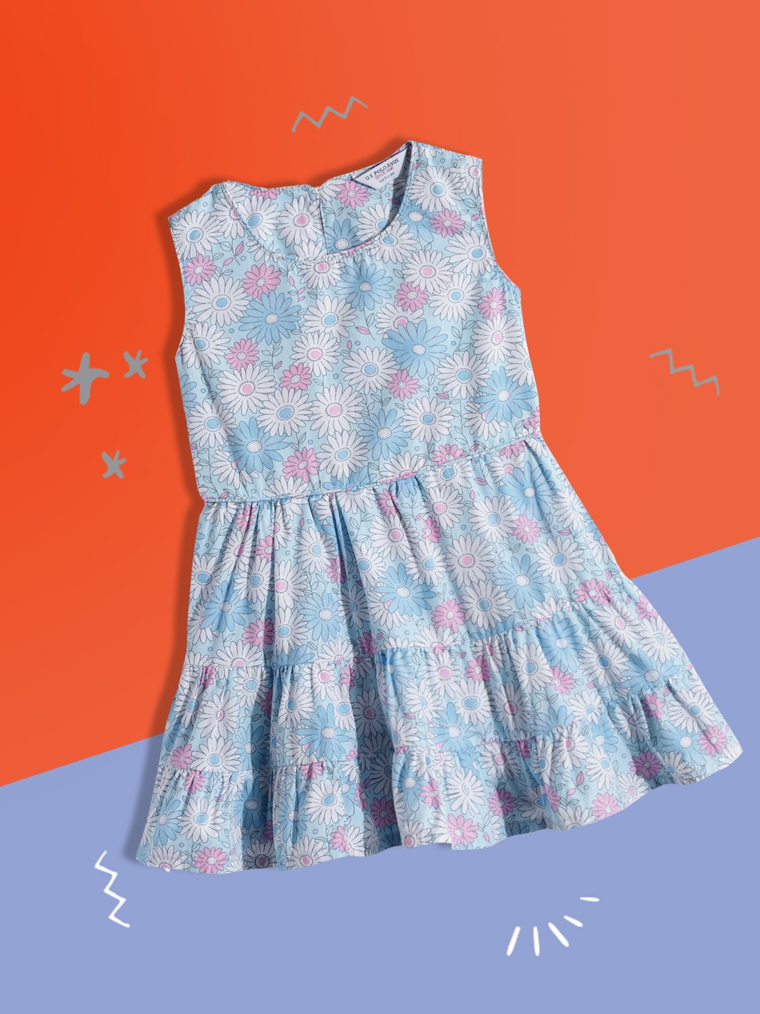 

U.S. Polo Assn. Kids Girls Blue Printed Pure Cotton Fit & Flare Dress