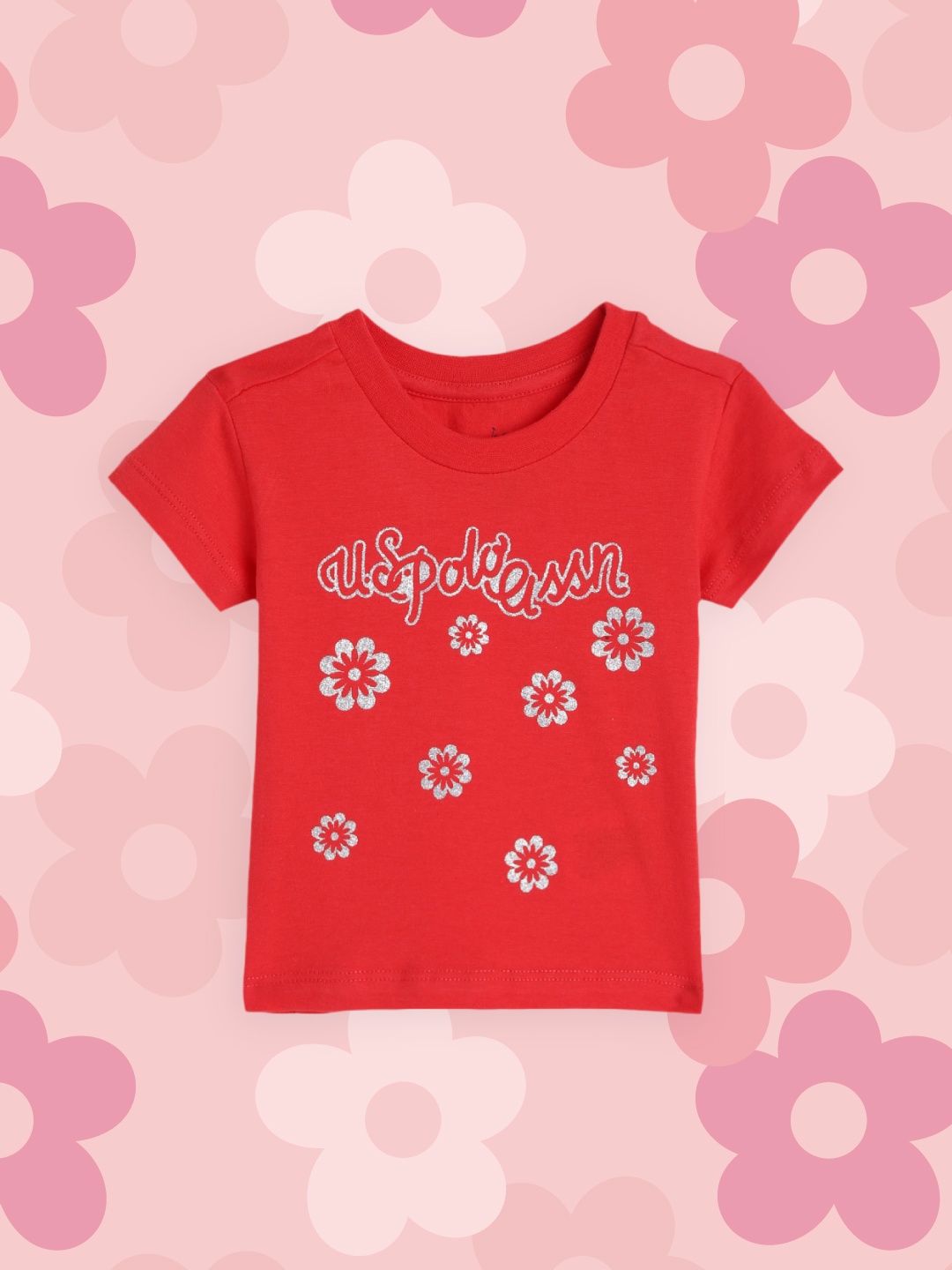 

U.S. Polo Assn. Kids Girls Red & Silver-Toned Floral Foil Print Pure Cotton T-shirt