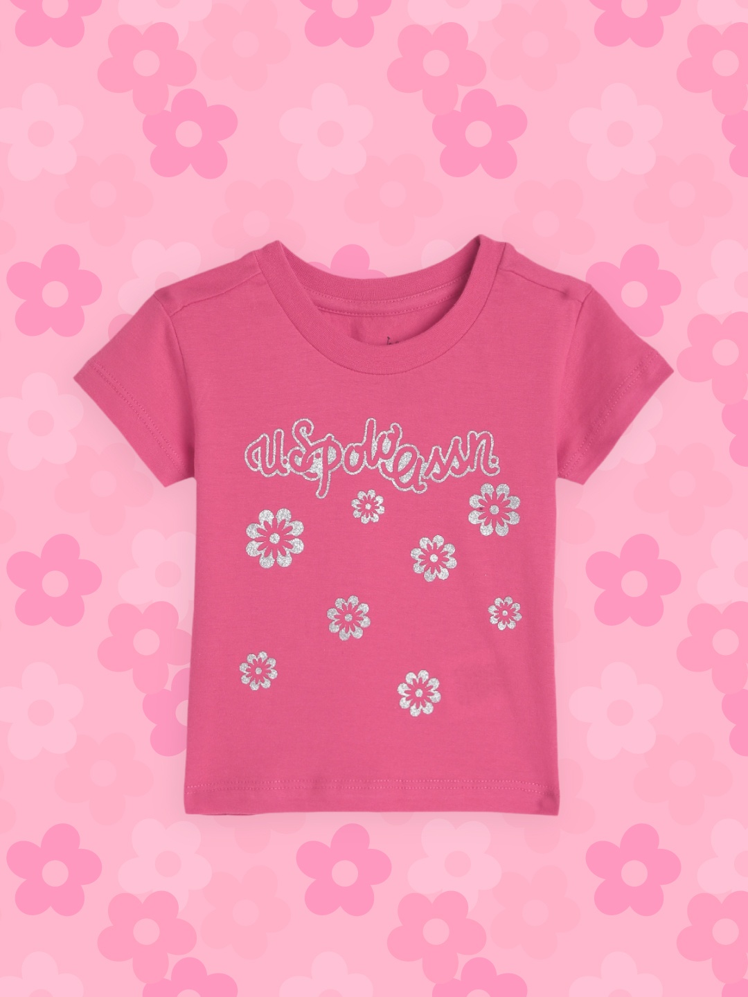 

U.S. Polo Assn. Kids Girls Pink & Silver-Toned Floral Foil Print Pure Cotton T-shirt