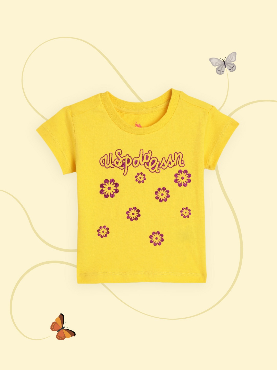 

U.S. Polo Assn. Kids Girls Yellow & Burgundy Floral Foil Print Pure Cotton T-shirt