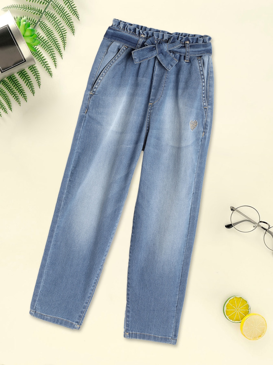 

U.S. Polo Assn. Kids Girls Blue Heavy Fade Paper Bag Waist Stretchable Jeans