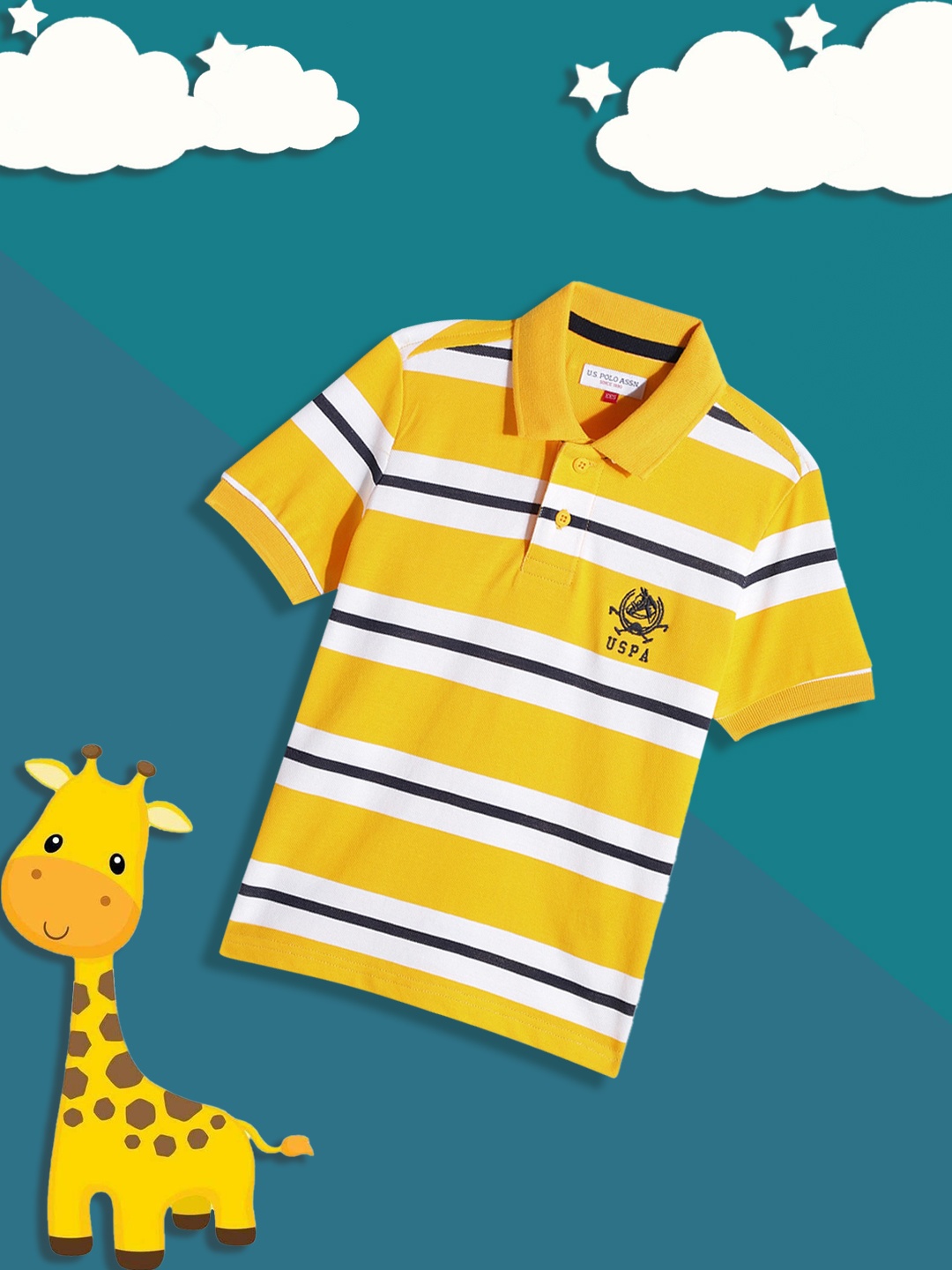 

U S Polo Assn Kids Boys Yellow & White Striped Pure Cotton Polo Collar T-shirt