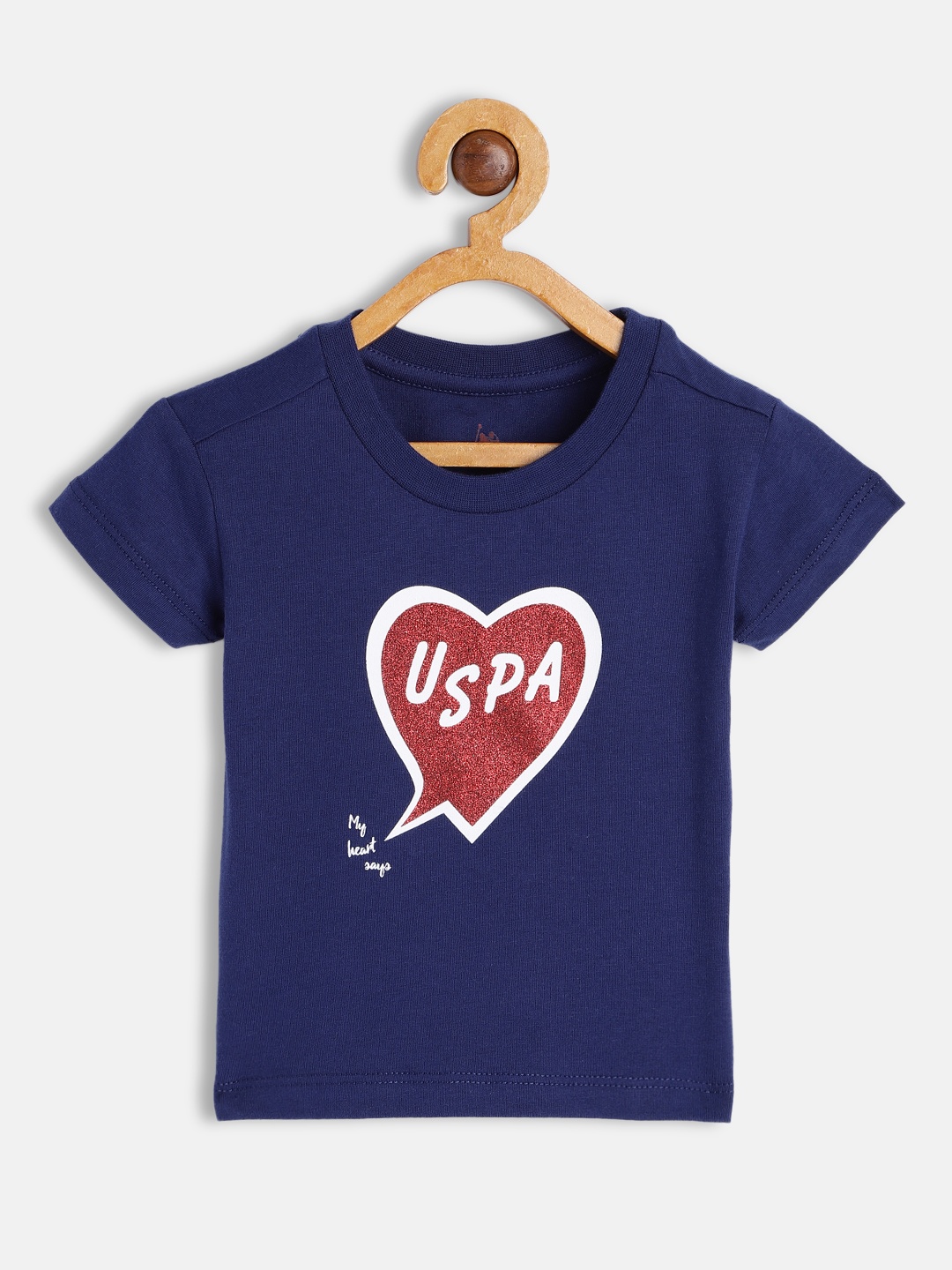 

U.S. Polo Assn. Kids Girls Navy Blue Brand Logo Foil Print Round Neck Pure Cotton T-shirt