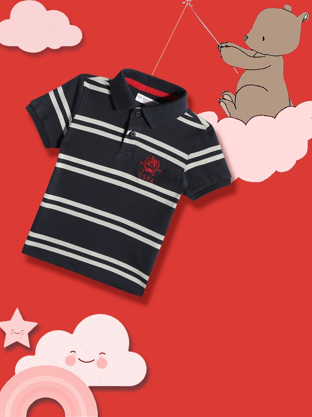 

U.S. Polo Assn. Kids Boys Navy Blue Striped Polo Collar Pure Cotton T-shirt