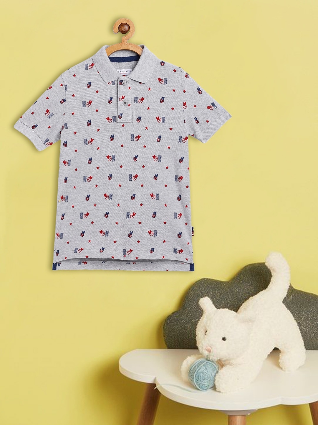 

U.S. Polo Assn. Kids Boys Grey Melange & Red Brand Logo Printed Pure Cotton T-shirt