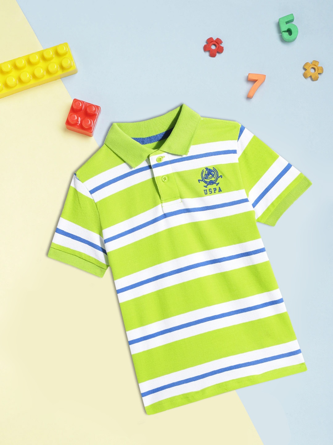 

U S Polo Assn Kids Boys Green & White Striped Pure Cotton Polo Collar T-shirt