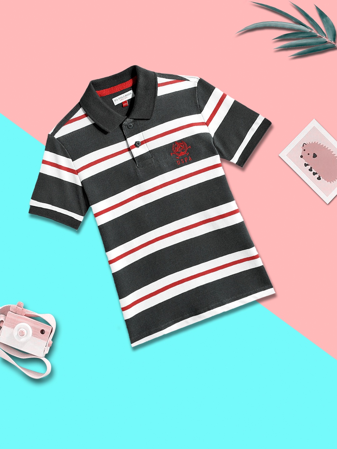 

U.S. Polo Assn. Kids Boys Blue & White Striped Pure Cotton Polo Collar T-shirt