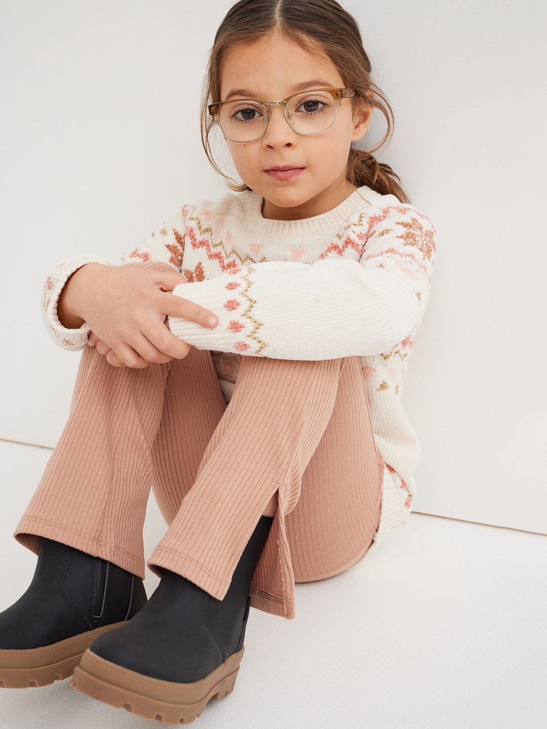

H&M Girls Beige Solid Flared Leggings