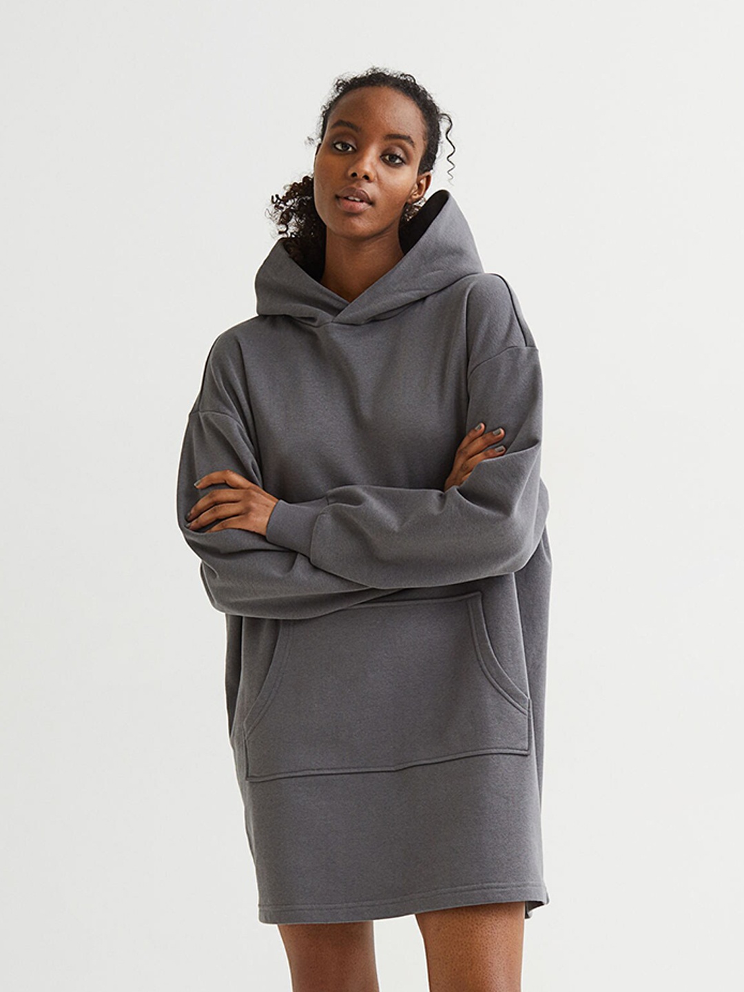 

H&M Women Grey Hooded Sweatshirt Dress