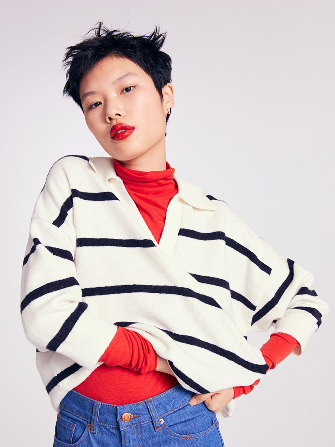 

H&M Women White Collar-detail Jumper
