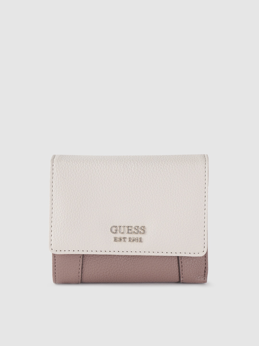 

GUESS Women Off White & Brown Colourblocked Three Fold Wallet