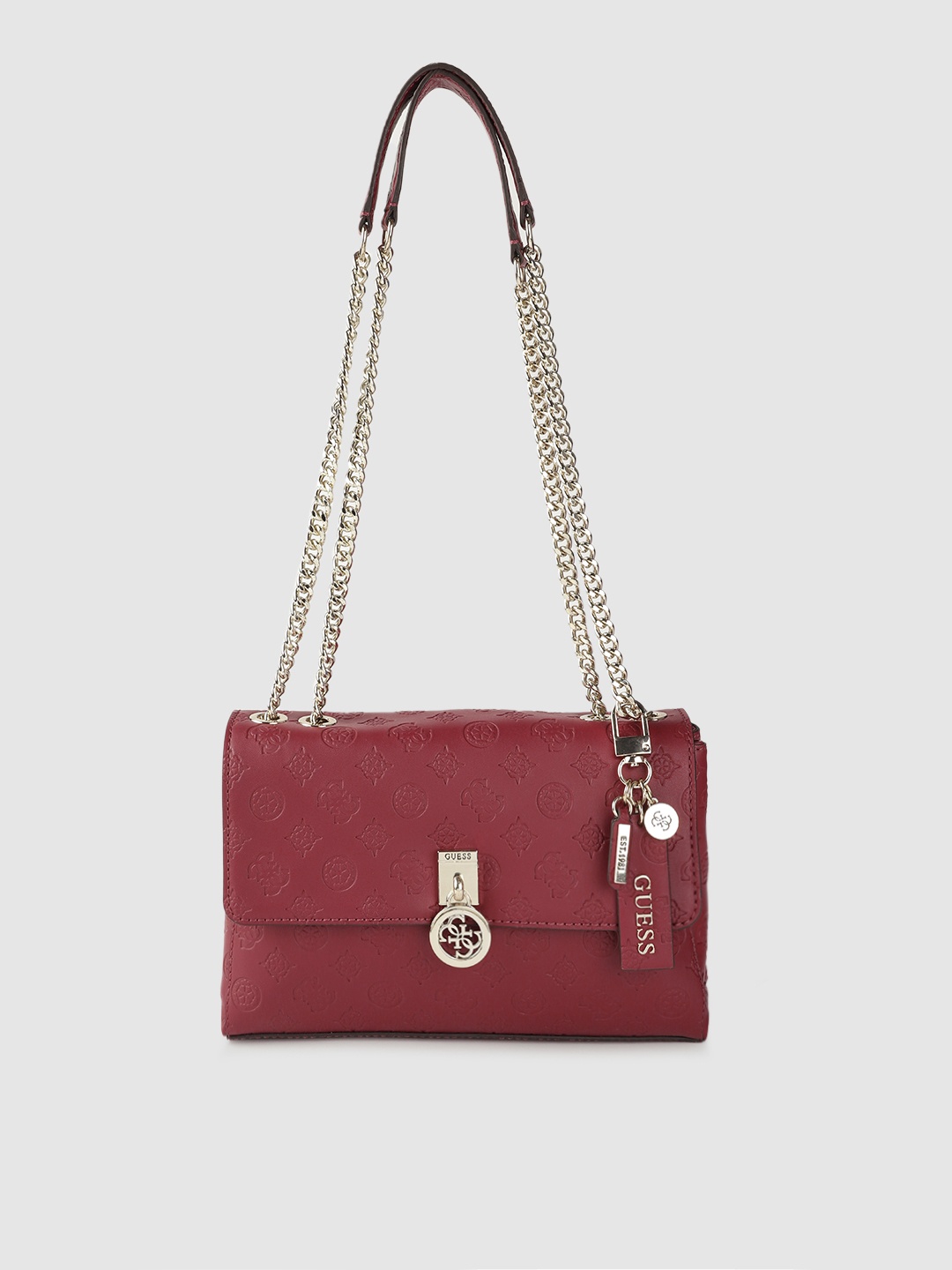 

GUESS Burgundy Ethnic Motifs Textured Structured Shoulder Bag with Tab & Pouch