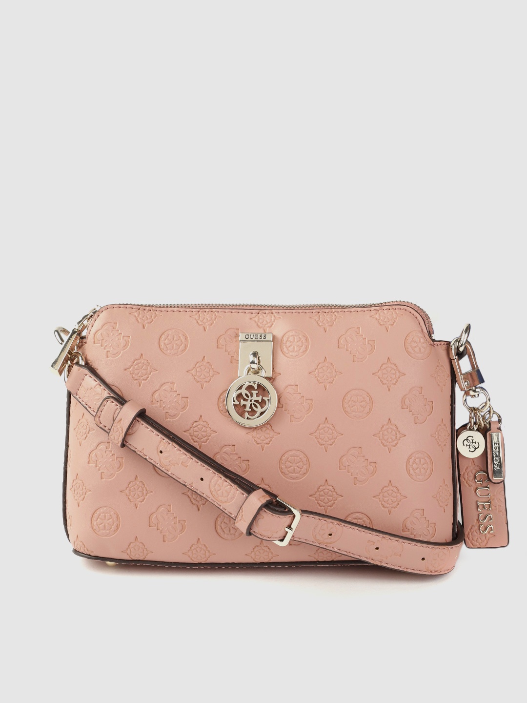 

GUESS Peach-Coloured Ethnic Motifs Textured Sling Bag with Tab & Pouch