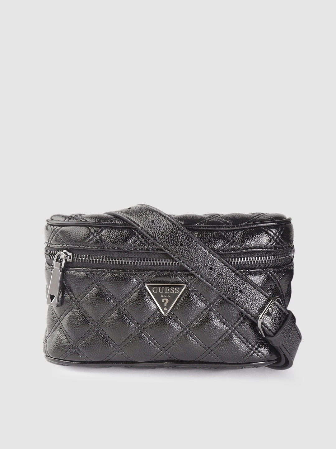 

GUESS Women Black Quilted Fanny Pack with Dangler Detail Non-Detachable Strap