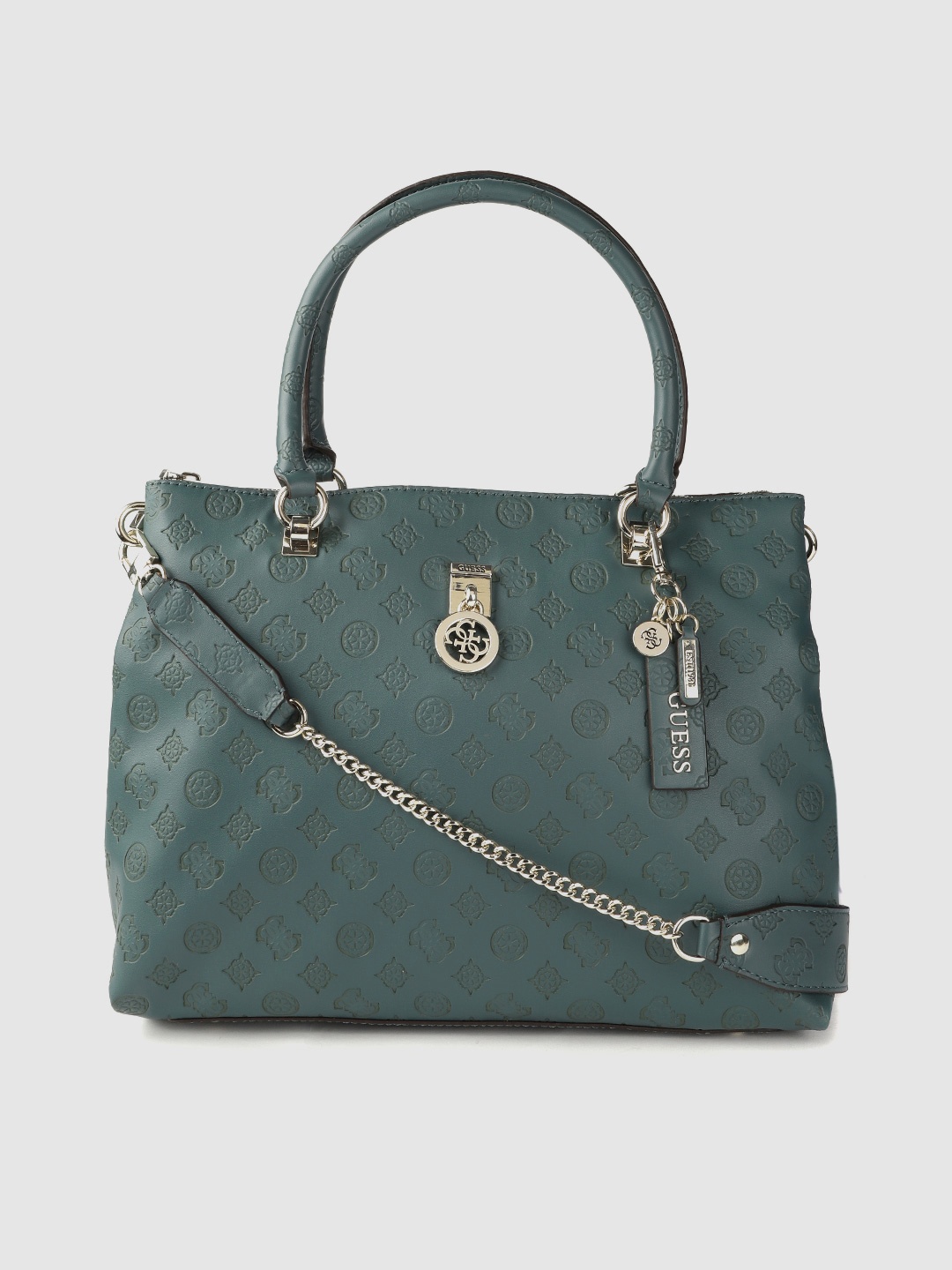 

GUESS Green Brand Logo Textured Handheld Bag with Detachable Sling Strap