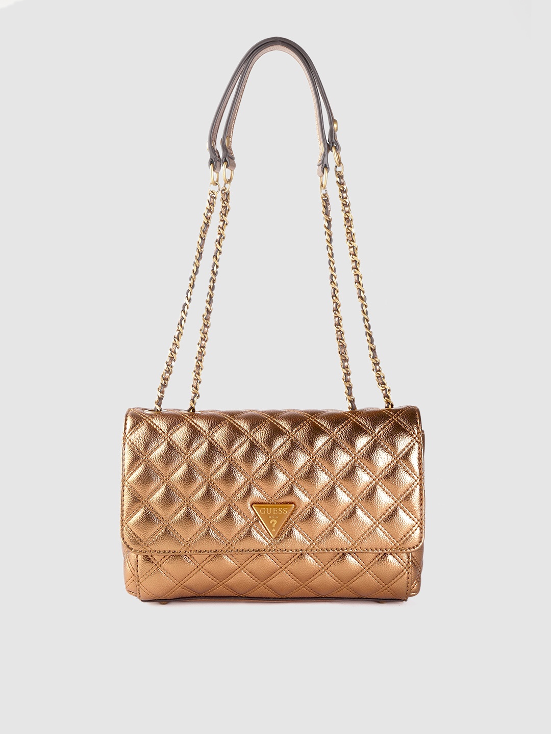 

GUESS Bronze-Toned Quilted Structured Shoulder Bag with Pouch