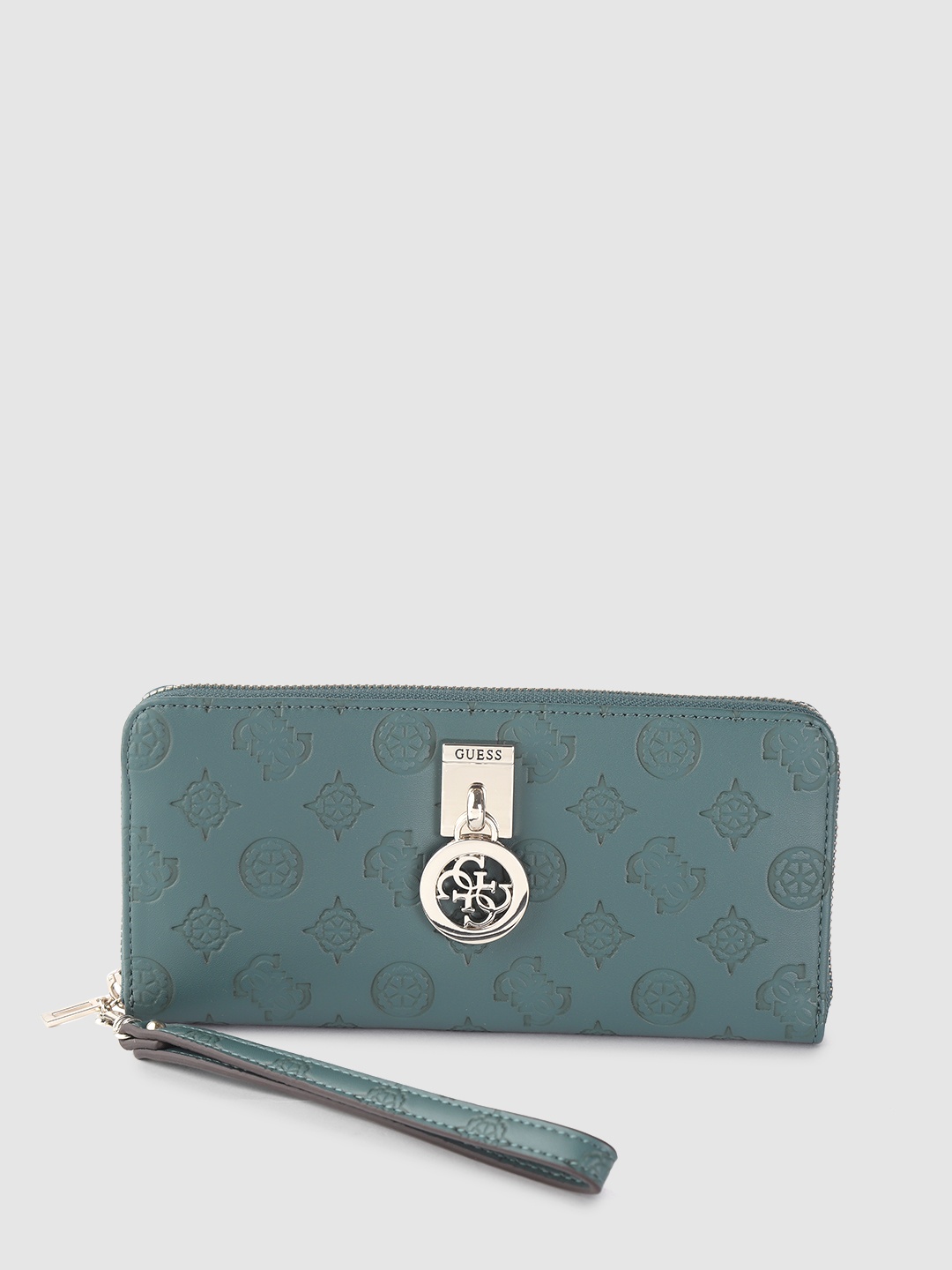 

GUESS Women Teal Green Brand Logo Textured Zip Around Wallet
