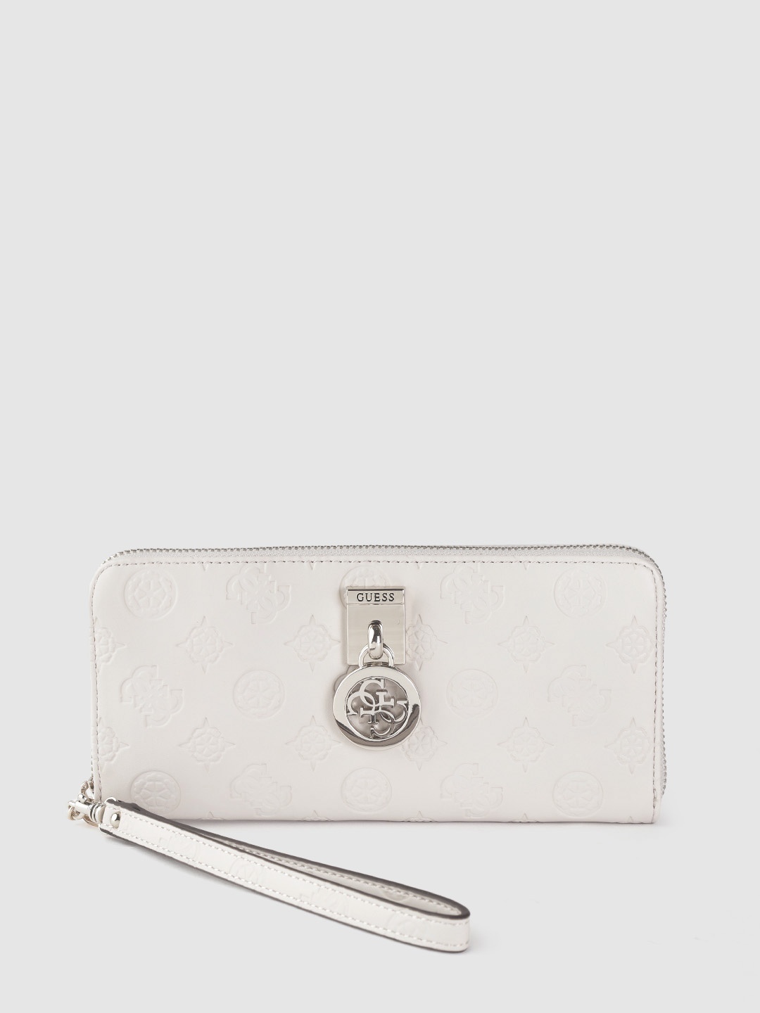 

GUESS Women Off-White Brand Logo Textured Zip Around Wallet