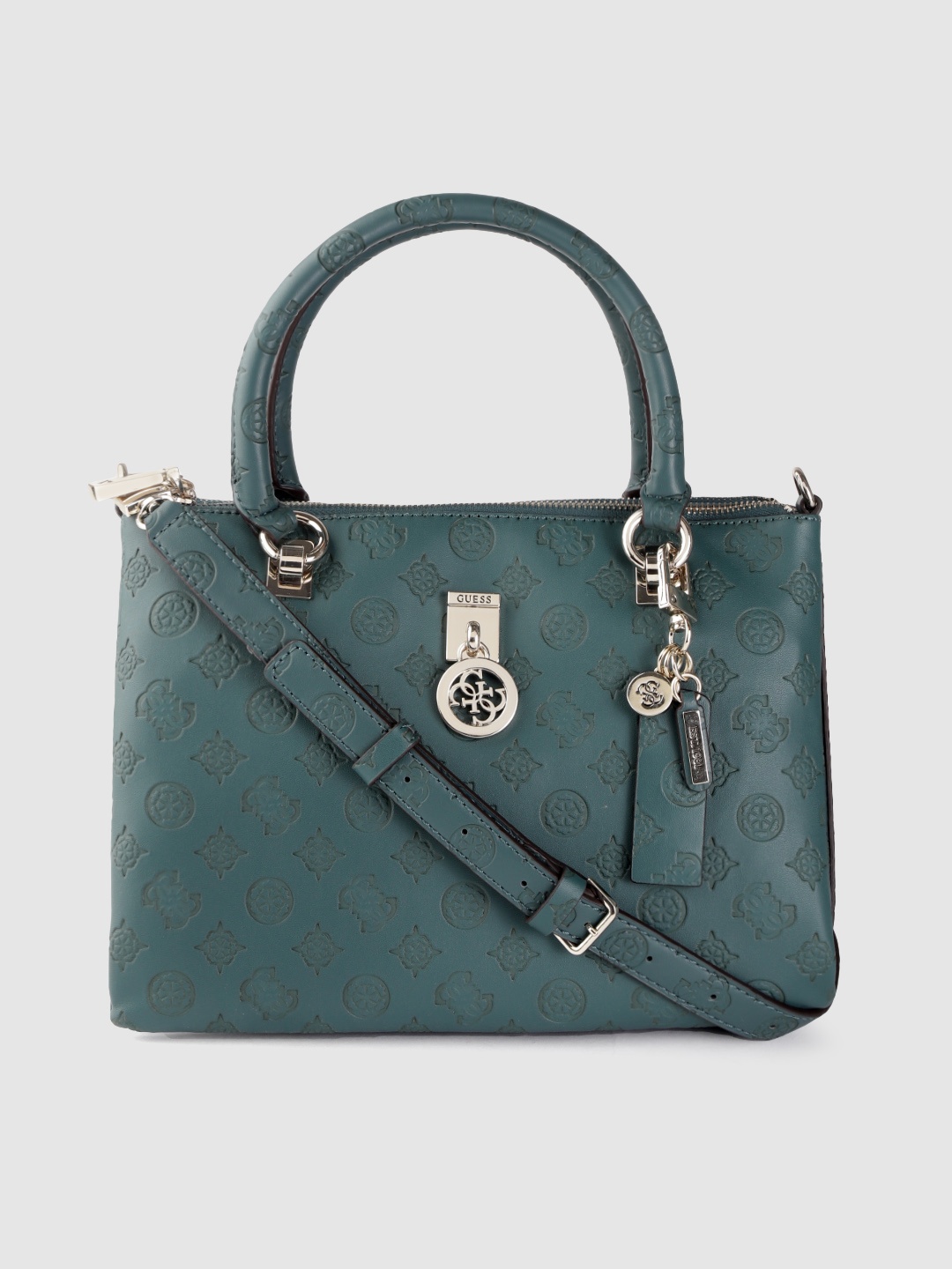 

GUESS Teal Green Ethnic Textured Handheld Bag with Tab Detachable Sling Strap & Pouch