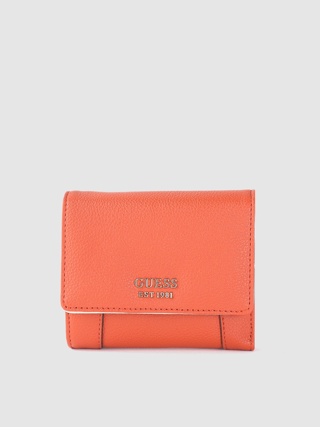 

GUESS Women Orange Grainy Textured Three Fold Wallet