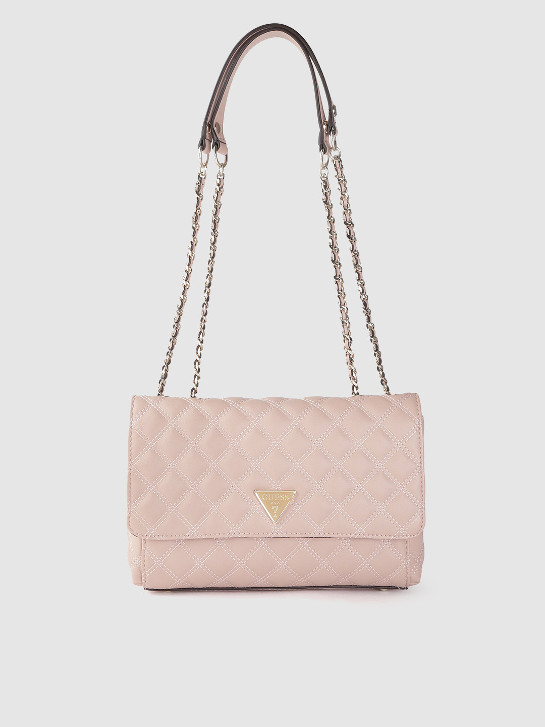 

GUESS Pink Quilted Structured Shoulder Bag with Pouch